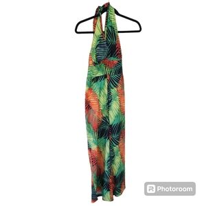 Palm tree print jumpsuit.  Green,  orange,  black, and red. Sleeveles. S…